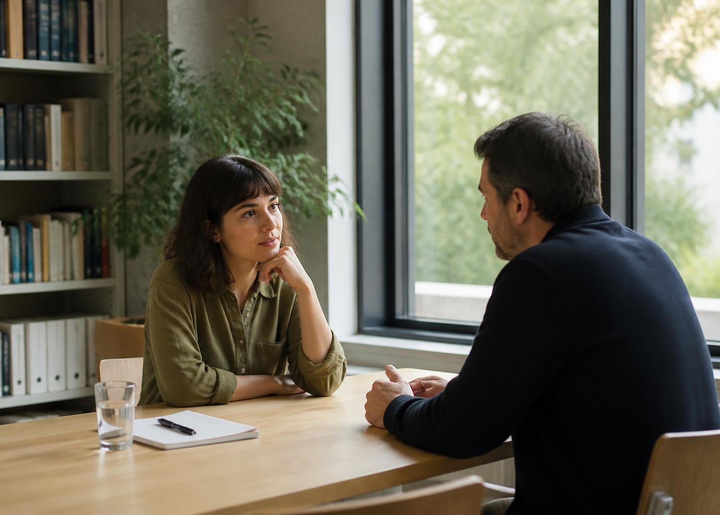 Dos personas conversando en un espacio académico iluminado con luz natural